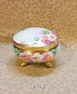 Antique Bavarian Powder Trinket Box Hand Painted Pink Roses Victorian Vintage Vanity Shabby Cottage Boudoir