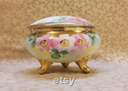 Antique Bavarian Powder Trinket Box Hand Painted Pink Roses Victorian Vintage Vanity Shabby Cottage Boudoir