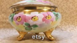 Antique Bavarian Powder Trinket Box Hand Painted Pink Roses Victorian Vintage Vanity Shabby Cottage Boudoir