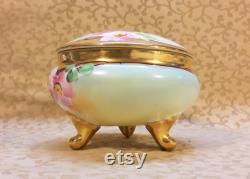 Antique Bavarian Powder Trinket Box Hand Painted Pink Roses Victorian Vintage Vanity Shabby Cottage Boudoir