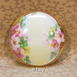 Antique Bavarian Powder Trinket Box Hand Painted Pink Roses Victorian Vintage Vanity Shabby Cottage Boudoir