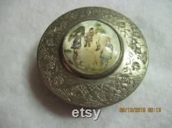 Antique Beautiful Early 1900 s Silver Etched with Mother of Pearl and Victorian Style People Snuff Trinket Box Cosmetic Compact