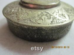 Antique Beautiful Early 1900 s Silver Etched with Mother of Pearl and Victorian Style People Snuff Trinket Box Cosmetic Compact