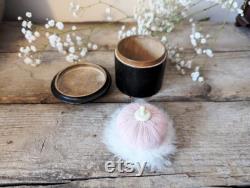 Antique Black Mauchline Ware Powder Box with Puff, Victorian Makeup Pot, Portsmouth Harbour Souvenir, Vintage Ebonised Box, Late 1800s Pot