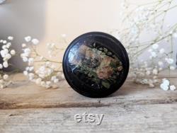 Antique Black Mauchline Ware Powder Box with Puff, Victorian Makeup Pot, Portsmouth Harbour Souvenir, Vintage Ebonised Box, Late 1800s Pot