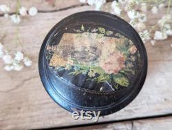 Antique Black Mauchline Ware Powder Box with Puff, Victorian Makeup Pot, Portsmouth Harbour Souvenir, Vintage Ebonised Box, Late 1800s Pot