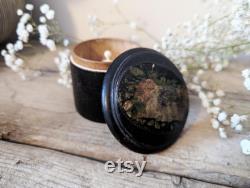 Antique Black Mauchline Ware Powder Box with Puff, Victorian Makeup Pot, Portsmouth Harbour Souvenir, Vintage Ebonised Box, Late 1800s Pot
