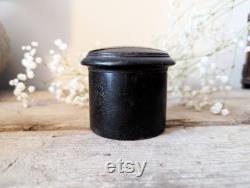 Antique Black Mauchline Ware Powder Box with Puff, Victorian Makeup Pot, Portsmouth Harbour Souvenir, Vintage Ebonised Box, Late 1800s Pot