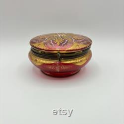 Antique Bohemian Cranberry Enamel Paintes Moser Art Glass Vanity Powder Jar