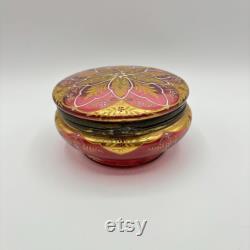 Antique Bohemian Cranberry Enamel Paintes Moser Art Glass Vanity Powder Jar