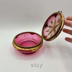 Antique Bohemian Cranberry Enamel Paintes Moser Art Glass Vanity Powder Jar