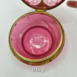 Antique Bohemian Cranberry Enamel Paintes Moser Art Glass Vanity Powder Jar