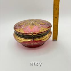 Antique Bohemian Cranberry Enamel Paintes Moser Art Glass Vanity Powder Jar