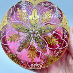 Antique Bohemian Cranberry Enamel Paintes Moser Art Glass Vanity Powder Jar