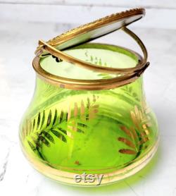 Antique Bohemian Green Glass Powder Box with Mirror Hinged Lid Gold Leaf Etching 120 Years Old Vanity Jar Victorian Collectible