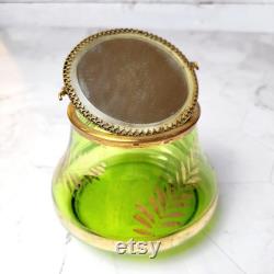 Antique Bohemian Green Glass Powder Box with Mirror Hinged Lid Gold Leaf Etching 120 Years Old Vanity Jar Victorian Collectible