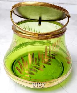 Antique Bohemian Green Glass Powder Box with Mirror Hinged Lid Gold Leaf Etching 120 Years Old Vanity Jar Victorian Collectible