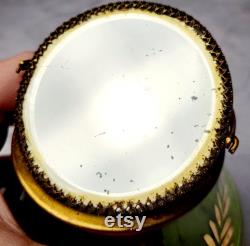 Antique Bohemian Green Glass Powder Box with Mirror Hinged Lid Gold Leaf Etching 120 Years Old Vanity Jar Victorian Collectible