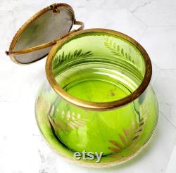 Antique Bohemian Green Glass Powder Box with Mirror Hinged Lid Gold Leaf Etching 120 Years Old Vanity Jar Victorian Collectible