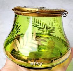 Antique Bohemian Green Glass Powder Box with Mirror Hinged Lid Gold Leaf Etching 120 Years Old Vanity Jar Victorian Collectible