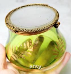 Antique Bohemian Green Glass Powder Box with Mirror Hinged Lid Gold Leaf Etching 120 Years Old Vanity Jar Victorian Collectible