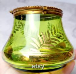 Antique Bohemian Green Glass Powder Box with Mirror Hinged Lid Gold Leaf Etching 120 Years Old Vanity Jar Victorian Collectible