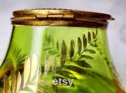 Antique Bohemian Green Glass Powder Box with Mirror Hinged Lid Gold Leaf Etching 120 Years Old Vanity Jar Victorian Collectible