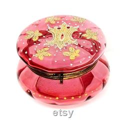 Antique Bohemian Moser Cranberry Painted Glass Vanity Powder Jar Trinket Box CA 1880s