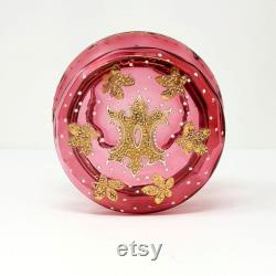 Antique Bohemian Moser Cranberry Painted Glass Vanity Powder Jar Trinket Box CA 1880s