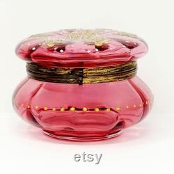 Antique Bohemian Moser Cranberry Painted Glass Vanity Powder Jar Trinket Box CA 1880s