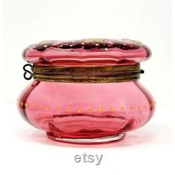 Antique Bohemian Moser Cranberry Painted Glass Vanity Powder Jar Trinket Box CA 1880s
