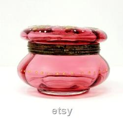 Antique Bohemian Moser Cranberry Painted Glass Vanity Powder Jar Trinket Box CA 1880s