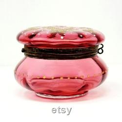 Antique Bohemian Moser Cranberry Painted Glass Vanity Powder Jar Trinket Box CA 1880s
