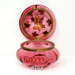 Antique Bohemian Moser Cranberry Painted Glass Vanity Powder Jar Trinket Box CA 1880s
