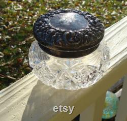 Antique Brilliant Cut Glass Vanity Dresser Jar Or Powder Box With A Mandel Brothers Sterling Silver Floral Lid That Is Hallmarked MY