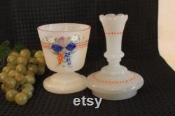 Antique Bristol Glass Vase Lidded Dresser Jar Opaque Frosting with Hand Painted Enamel Flowerd