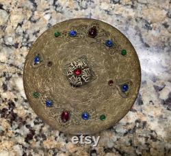 Antique Bronze with Czech Glass Crystal Rhinestone Jewels Huge Powder Jar 5 1 2 in Duameter
