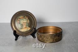Antique Bronzed Metal Trinket or Powder Box with Celluloid Victorian Lady Portrait with Mirrored Lid and Glass Insert
