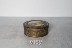 Antique Bronzed Metal Trinket or Powder Box with Celluloid Victorian Lady Portrait with Mirrored Lid and Glass Insert