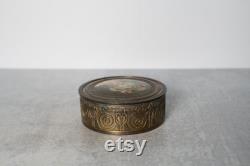 Antique Bronzed Metal Trinket or Powder Box with Celluloid Victorian Lady Portrait with Mirrored Lid and Glass Insert