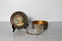 Antique Bronzed Metal Trinket or Powder Box with Celluloid Victorian Lady Portrait with Mirrored Lid and Glass Insert