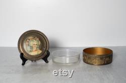 Antique Bronzed Metal Trinket or Powder Box with Celluloid Victorian Lady Portrait with Mirrored Lid and Glass Insert