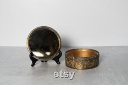 Antique Bronzed Metal Trinket or Powder Box with Celluloid Victorian Lady Portrait with Mirrored Lid and Glass Insert