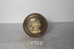 Antique Bronzed Metal Trinket or Powder Box with Celluloid Victorian Lady Portrait with Mirrored Lid and Glass Insert