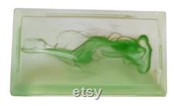 Antique CLEOPATRA Depression Glass Vanity Box Puff Powder Jar Dresser Art Deco Satin Green Boudoir Casket