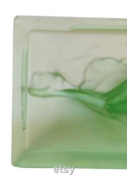 Antique CLEOPATRA Depression Glass Vanity Box Puff Powder Jar Dresser Art Deco Satin Green Boudoir Casket