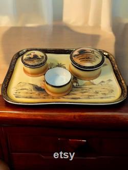 Antique Ca 1920's Royal Epiag Porcelain Dresser Set with Tray Hand Painted Nomadic Bedouin on Camel Egyptian Motif with Three powder Boxes