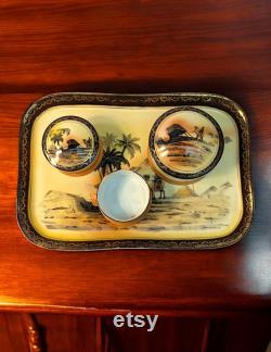 Antique Ca 1920's Royal Epiag Porcelain Dresser Set with Tray Hand Painted Nomadic Bedouin on Camel Egyptian Motif with Three powder Boxes