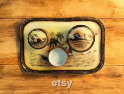 Antique Ca 1920's Royal Epiag Porcelain Dresser Set with Tray Hand Painted Nomadic Bedouin on Camel Egyptian Motif with Three powder Boxes
