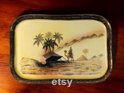 Antique Ca 1920's Royal Epiag Porcelain Dresser Set with Tray Hand Painted Nomadic Bedouin on Camel Egyptian Motif with Three powder Boxes